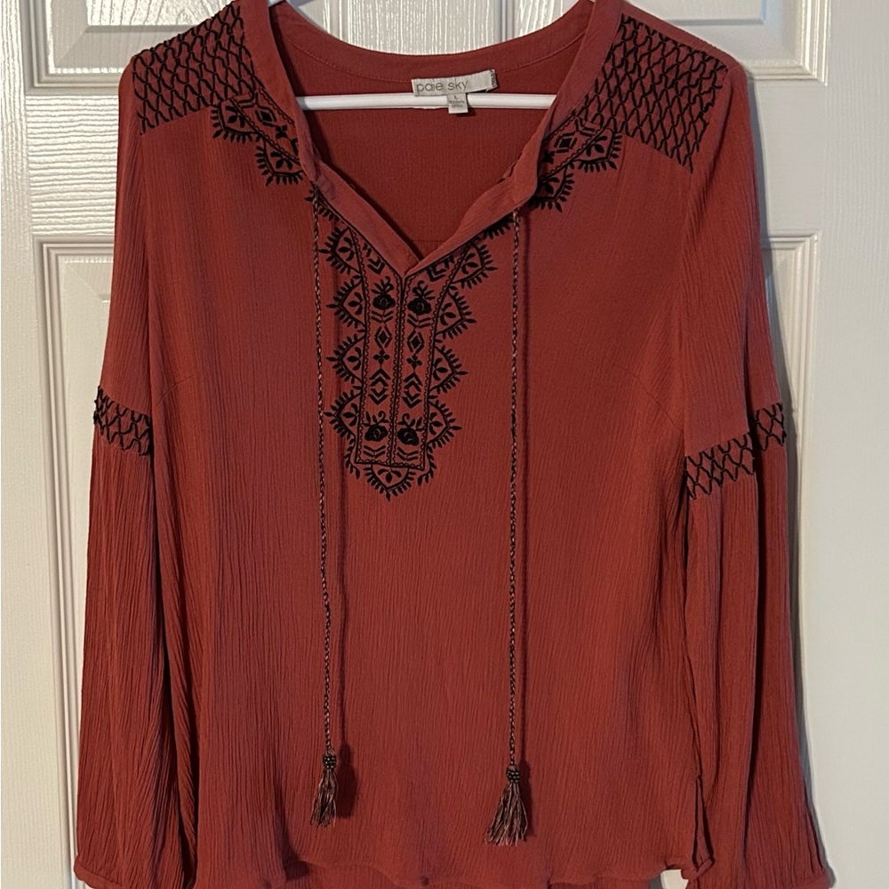 Brown Embellished‎ 3/4 Sleeve Blouse with Tie Front